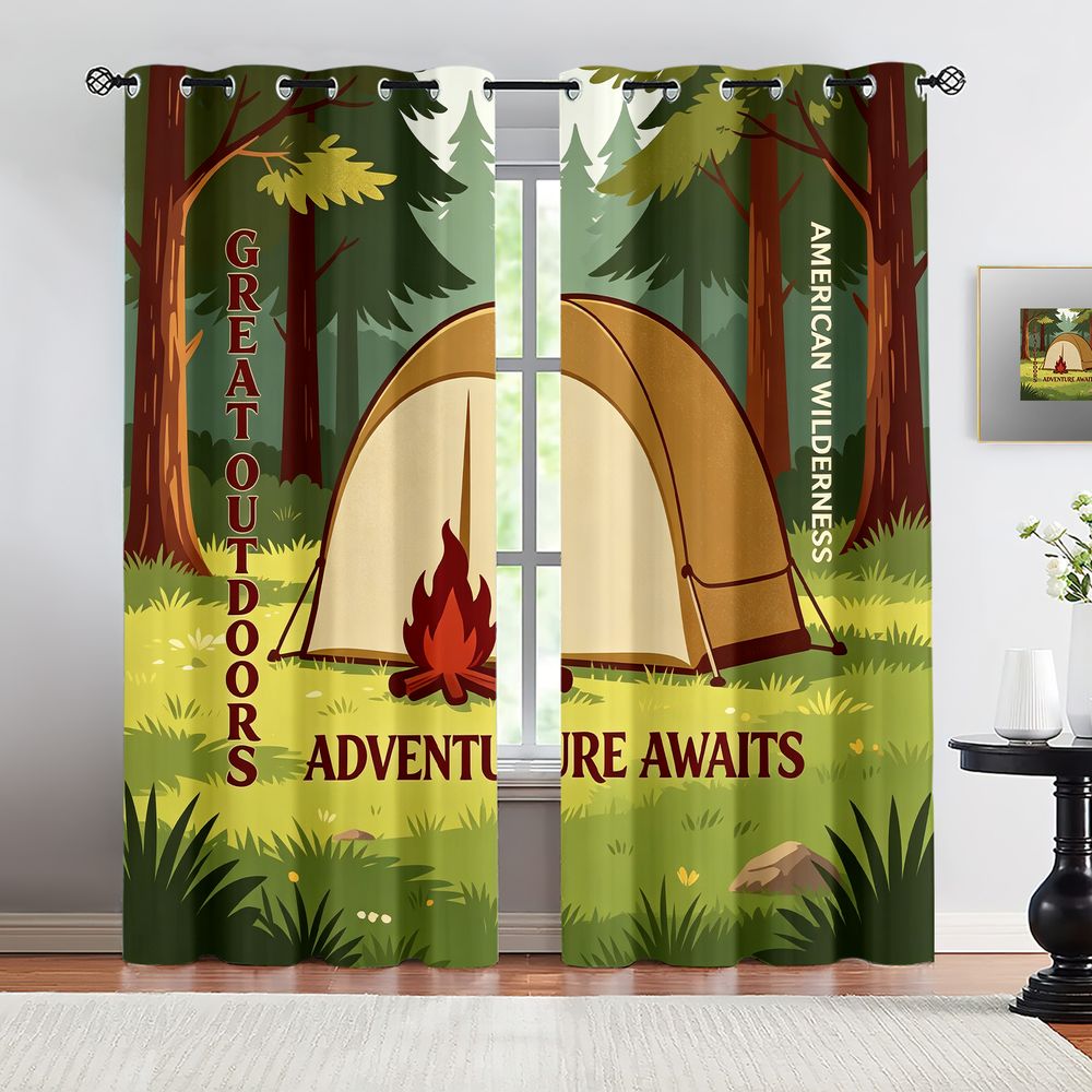 Home Decor Curtain - Rideaux imprimés scène de camping, rideaux